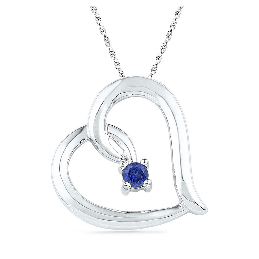 Sterling Silver Womens Round Synthetic Blue Sapphire Heart Pendant 1/8 Cttw