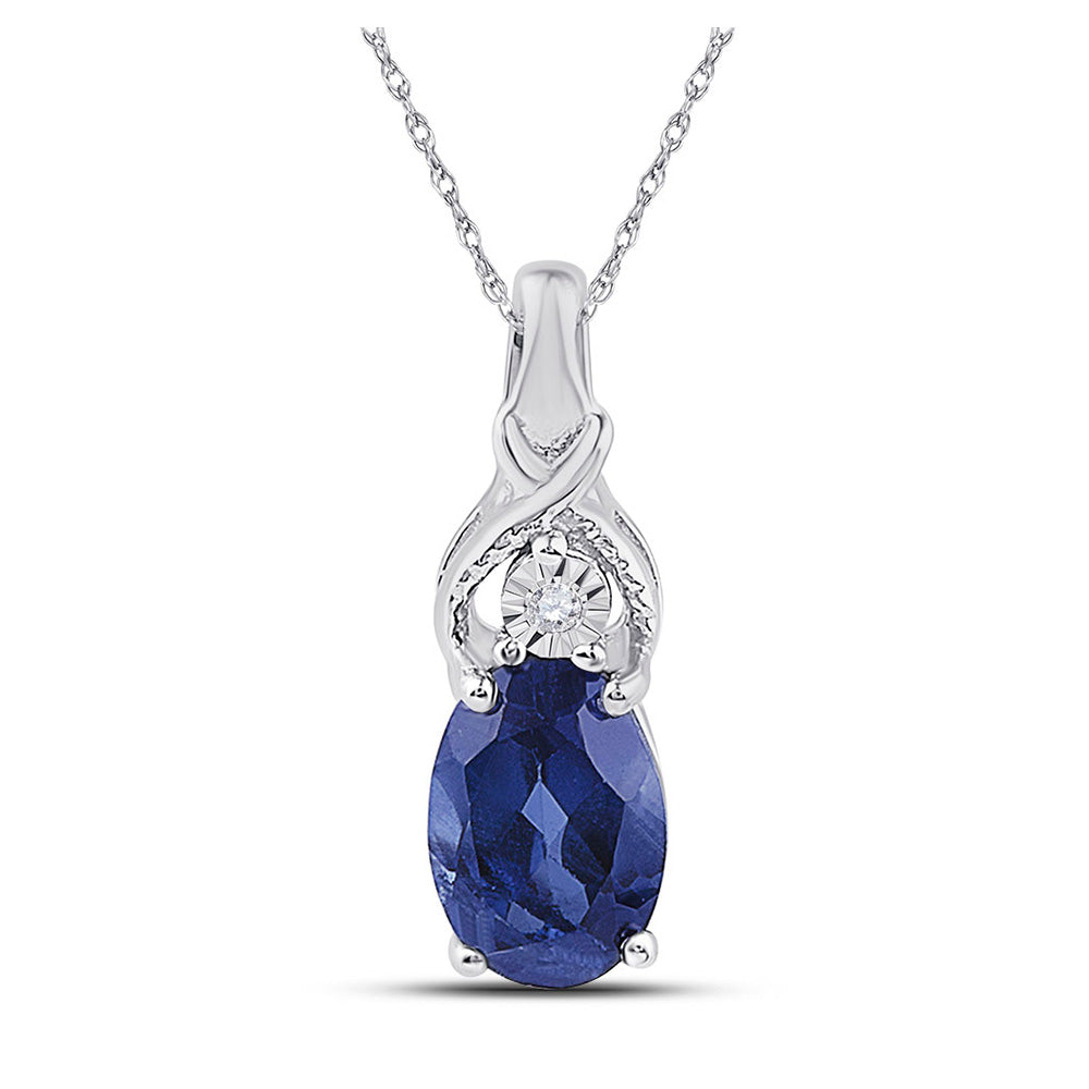 Sterling Silver Womens Oval Synthetic Blue Sapphire Solitaire Diamond Pendant 7/8 Cttw