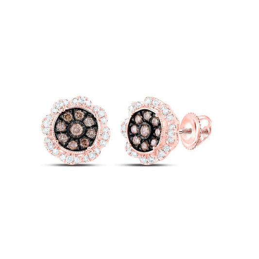 10kt Rose Gold Womens Round Brown Diamond Cluster Earrings 5/8 Cttw - RCDJewelry