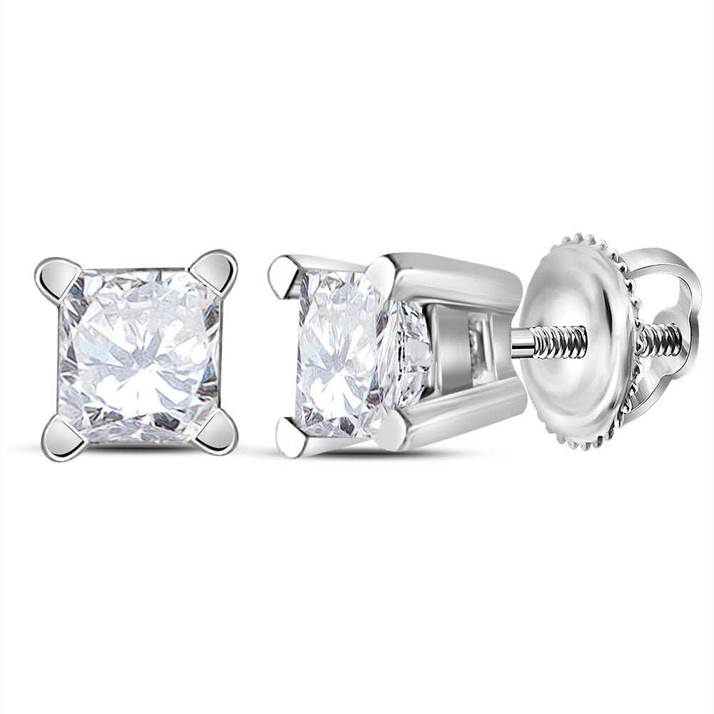 14kt White Gold Unisex Princess Diamond Solitaire Stud Earrings 1/2 Cttw