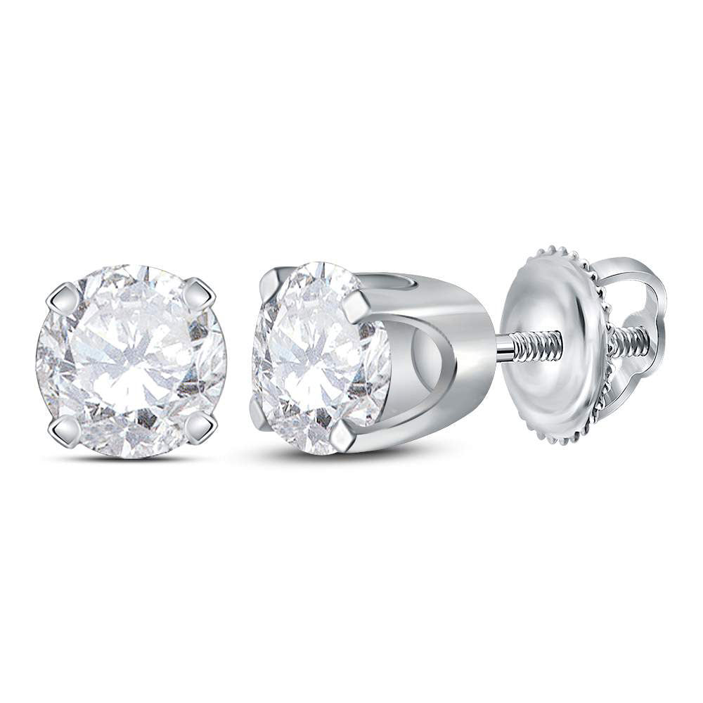 14kt White Gold Unisex Round Diamond Solitaire Stud Earrings 3/4 Cttw