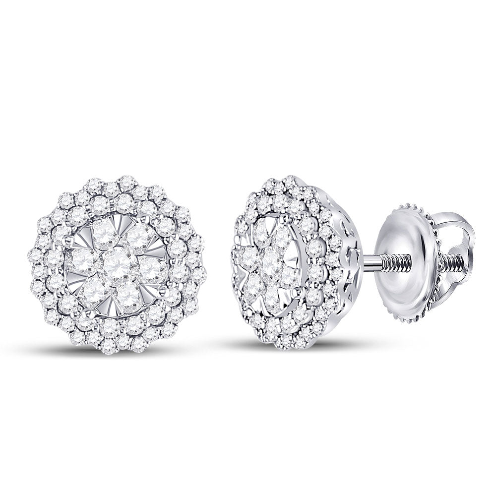 14kt White Gold Womens Round Diamond Halo Cluster Earrings 1 Cttw
