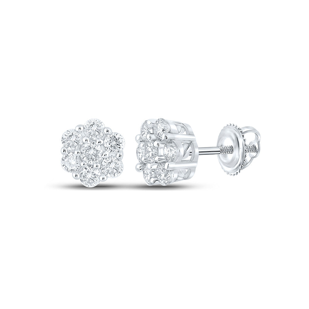 10kt White Gold Round Diamond Flower Cluster Earrings 3/4 Cttw