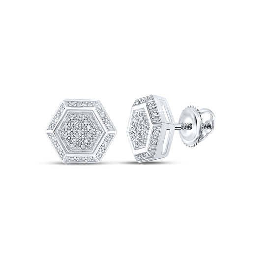 Sterling Silver Womens Round Diamond Hexagon Cluster Earrings 1/6 Cttw