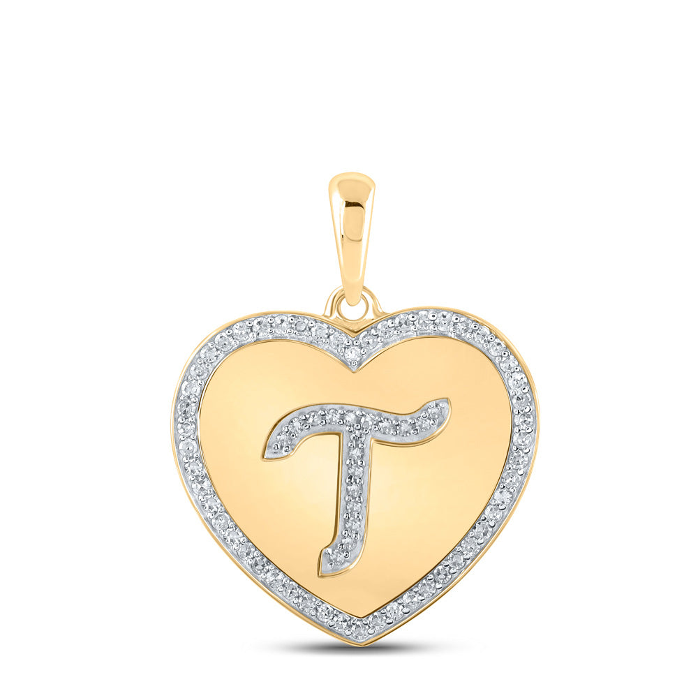 10kt Yellow Gold Womens Round Diamond Heart T Letter Pendant 1/4 Cttw