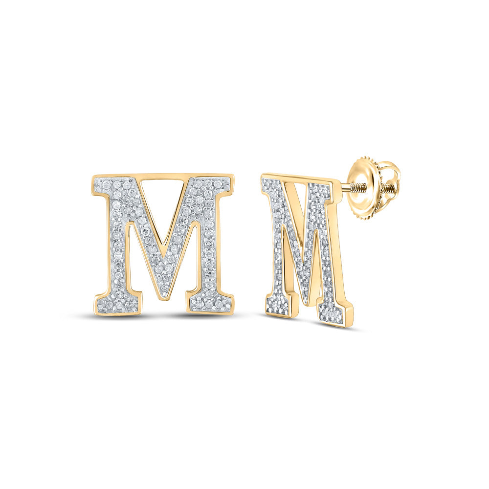 10kt Yellow Gold Womens Round Diamond M Initial Letter Earrings 1/4 Cttw