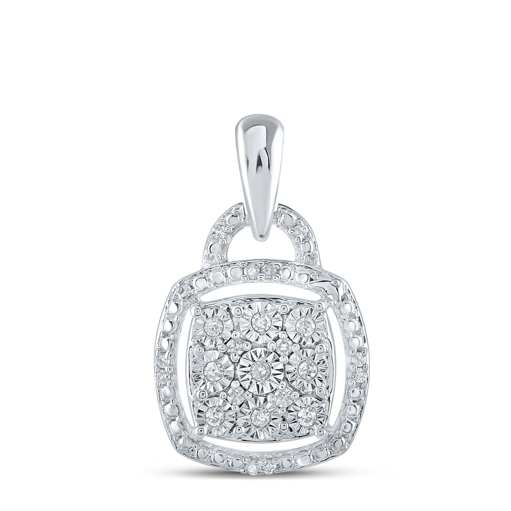 Sterling Silver Womens Round Diamond Square Pendant 1/12 Cttw