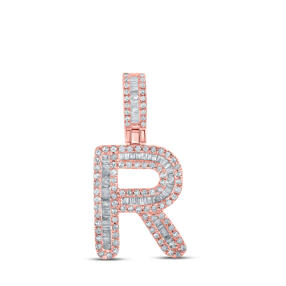 10kt Rose Gold Mens Baguette Diamond R Initial Letter Pendant 1/2 Cttw