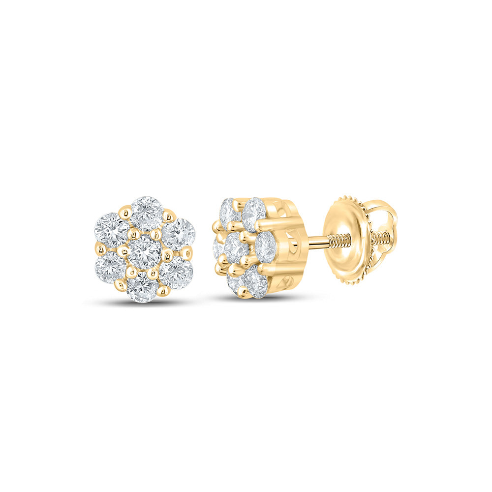 14kt Yellow Gold Round Diamond Flower Cluster Earrings 1/4 Cttw