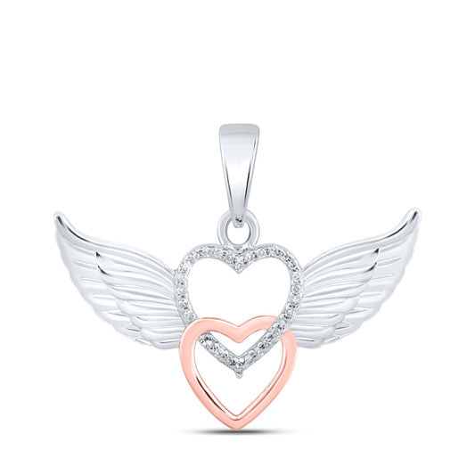 Sterling Silver Womens Round Diamond Angel Heart Pendant 1/20 Cttw
