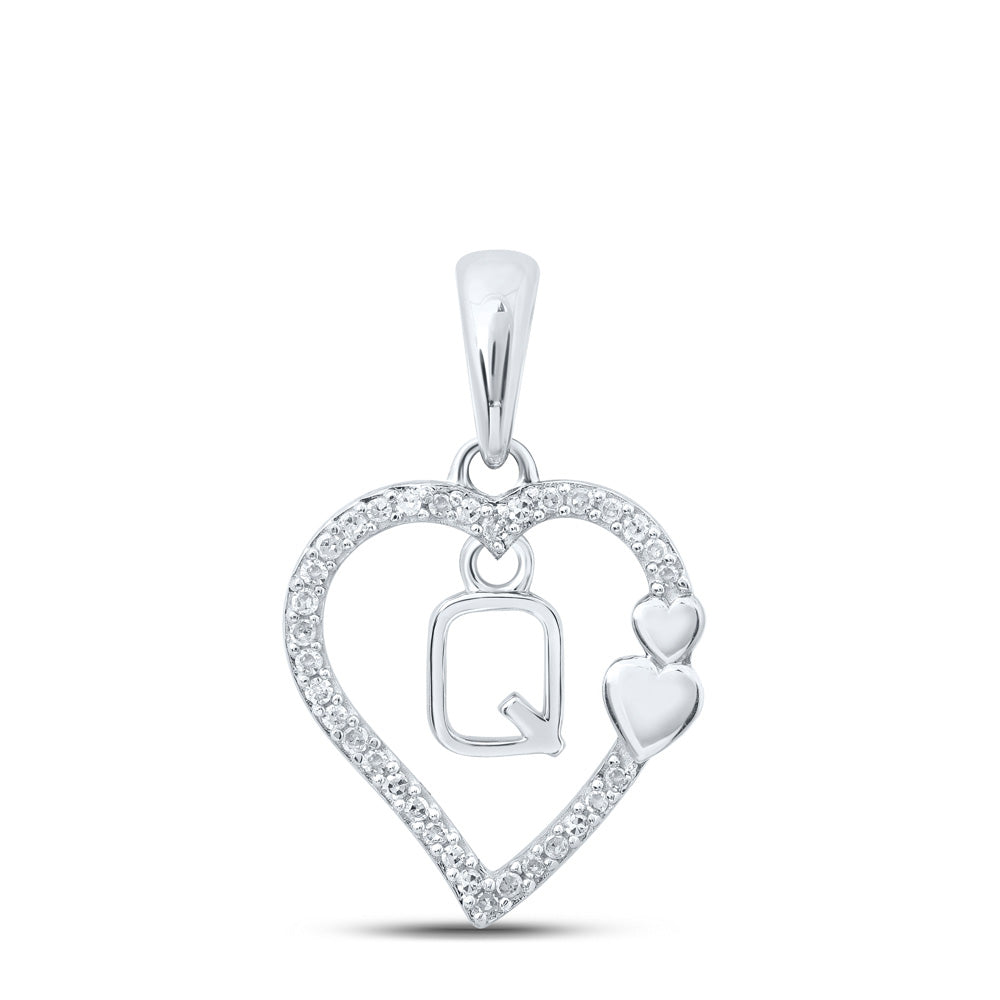 10kt White Gold Womens Round Diamond Q Heart Letter Pendant 1/10 Cttw