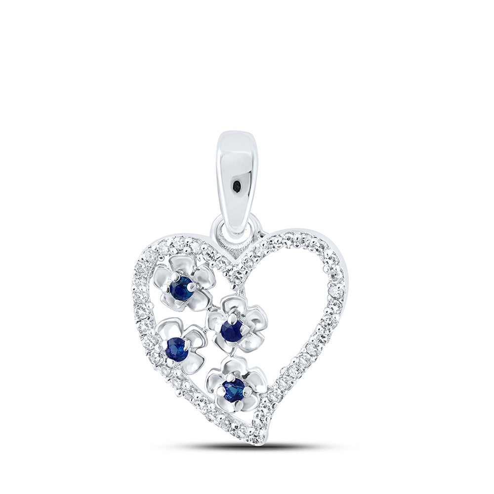 10kt White Gold Womens Round Blue Sapphire Diamond Heart Pendant 1/8 Cttw
