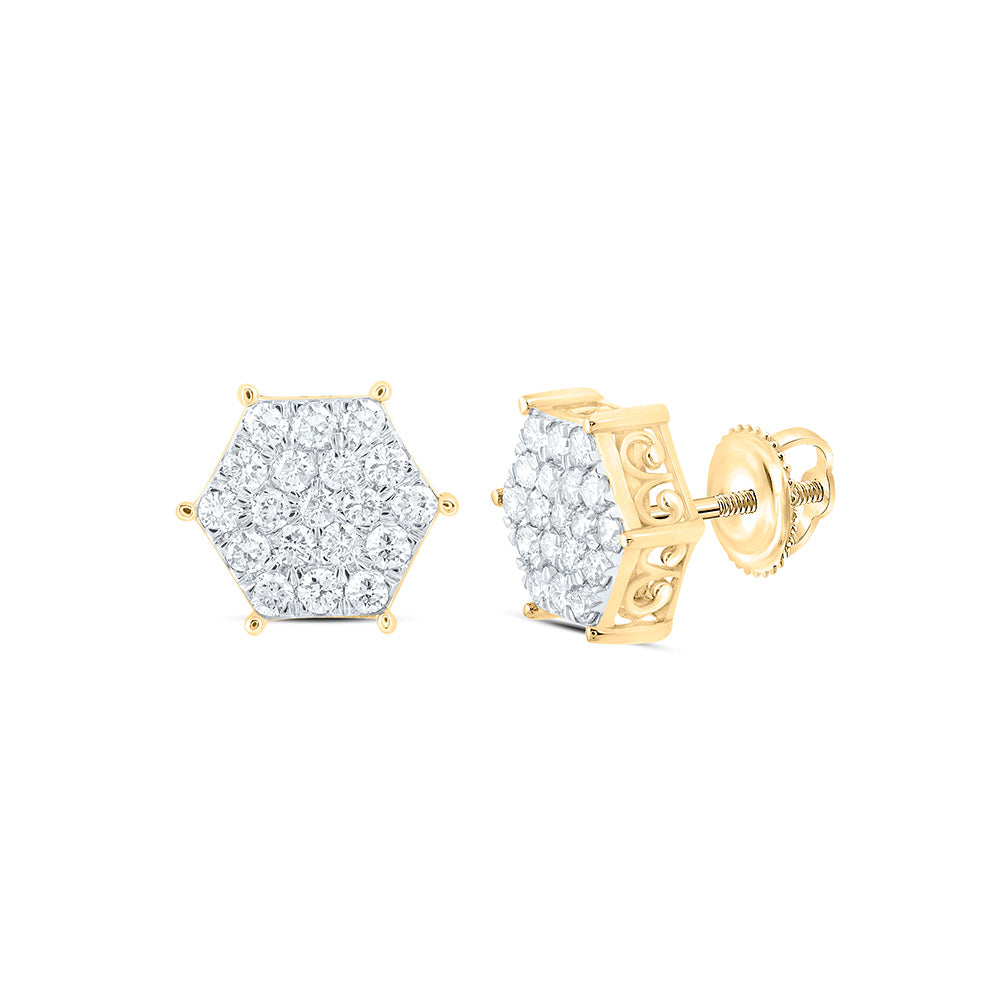 10kt Yellow Gold Womens Round Diamond Hexagon Cluster Earrings 7/8 Cttw