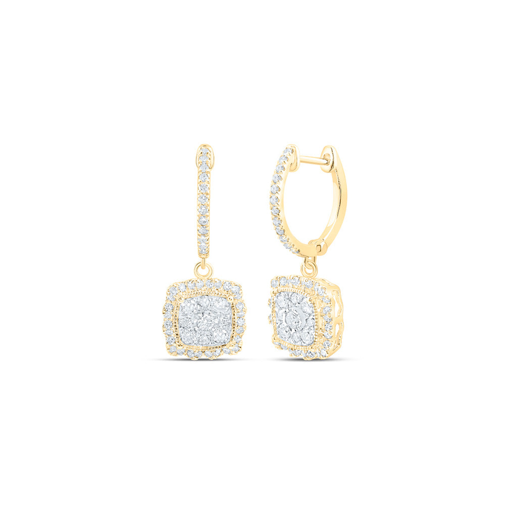 10kt Yellow Gold Womens Round Diamond Hoop Square Dangle Earrings 7/8 Cttw