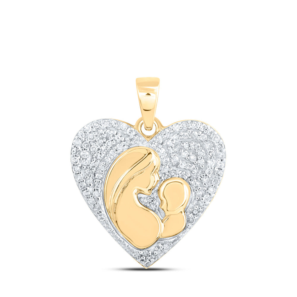 10kt Yellow Gold Womens Round Diamond Mom Child Heart Pendant 1/5 Cttw