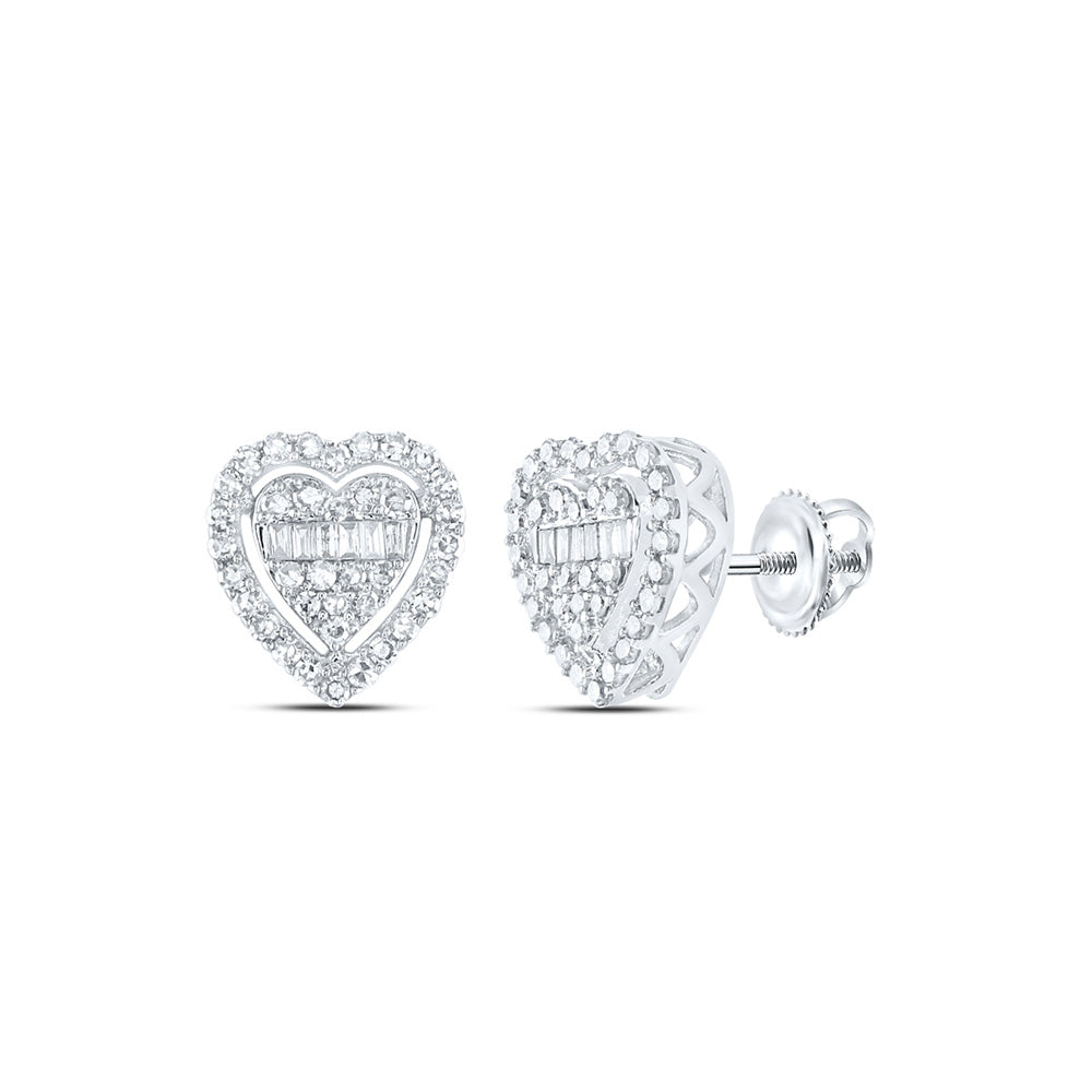 10kt White Gold Womens Baguette Diamond Heart Earrings 1/2 Cttw