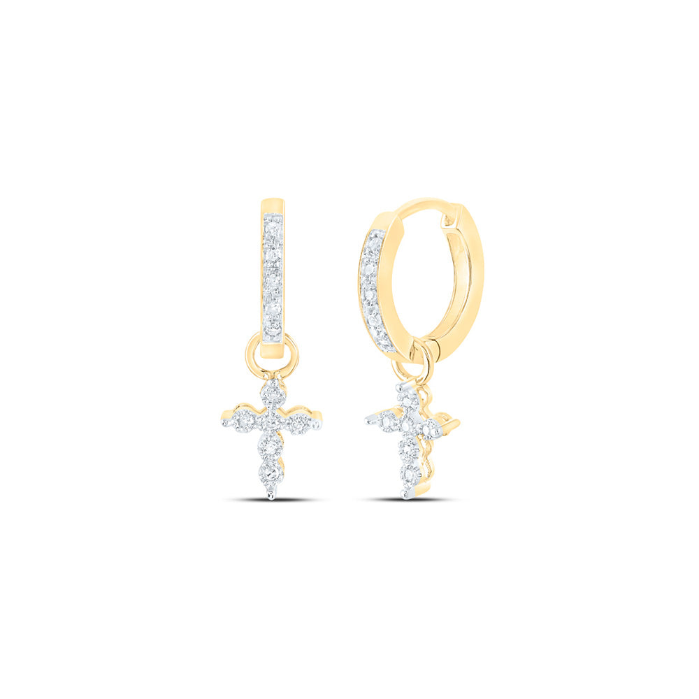 10kt Yellow Gold Womens Round Diamond Cross Hoop Dangle Earrings 1/8 Cttw