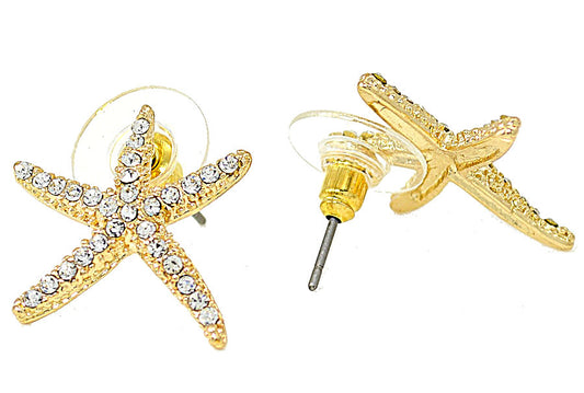 Starfish Stud Earring Gold Tone and CZ 21mm